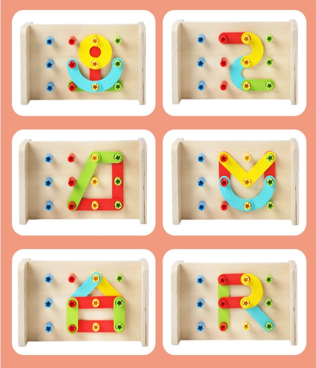 Arts And More kids DIY kit with colorful wooden pieces assembling a wooden puzzle toy in various shapes