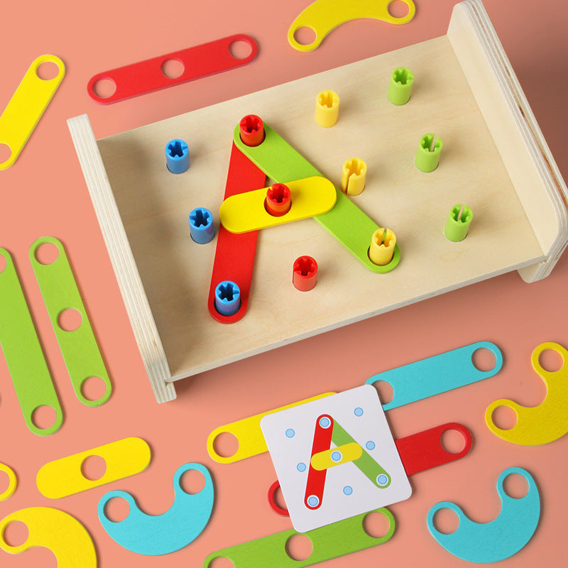Arts And More kids wooden puzzle toy DIY kit with colorful interlocking pieces on wooden tray
