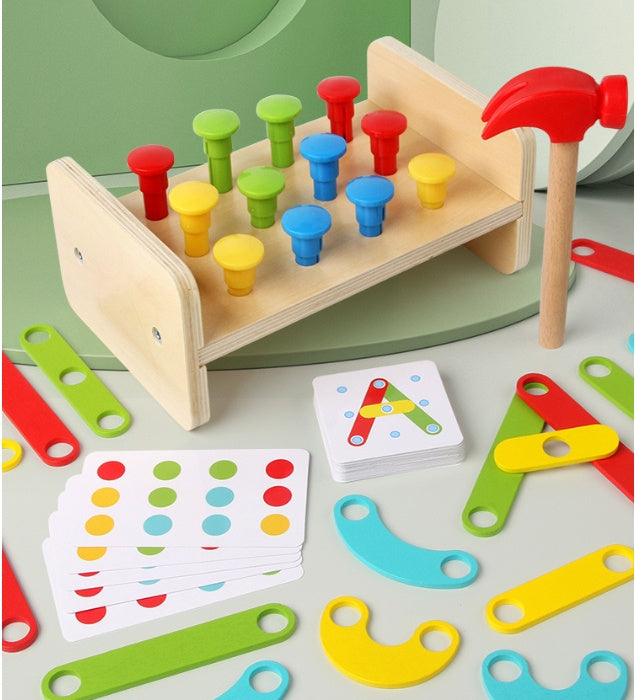 Arts And More kids DIY kit featuring a colorful wooden puzzle toy with hammer and pattern cards