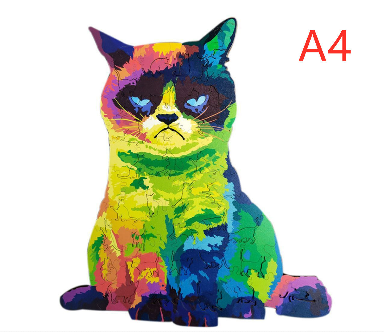 Colorful cat-shaped wooden puzzle from Arts And More arts and crafts kits with vibrant rainbow design