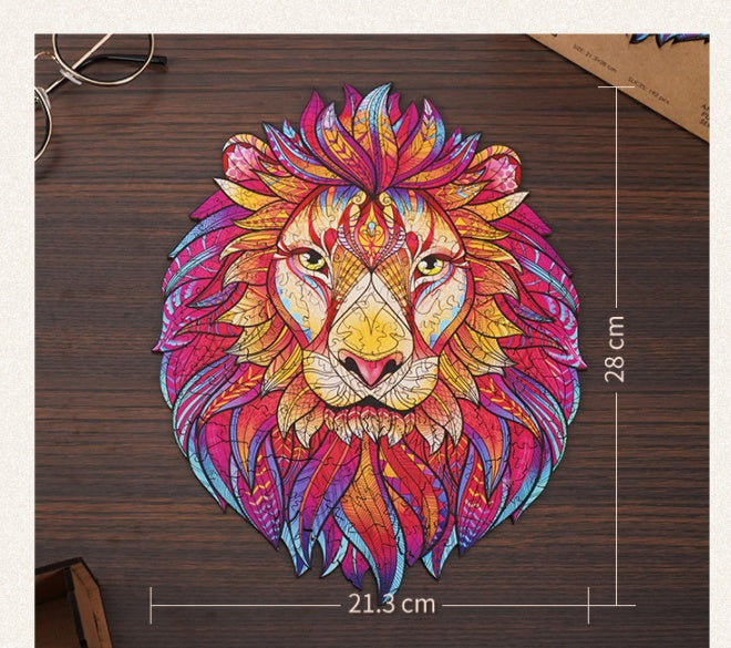 Colorful lion head wooden puzzle from Arts And More Arts & Crafts Kits measuring 28 by 21.3 centimeters