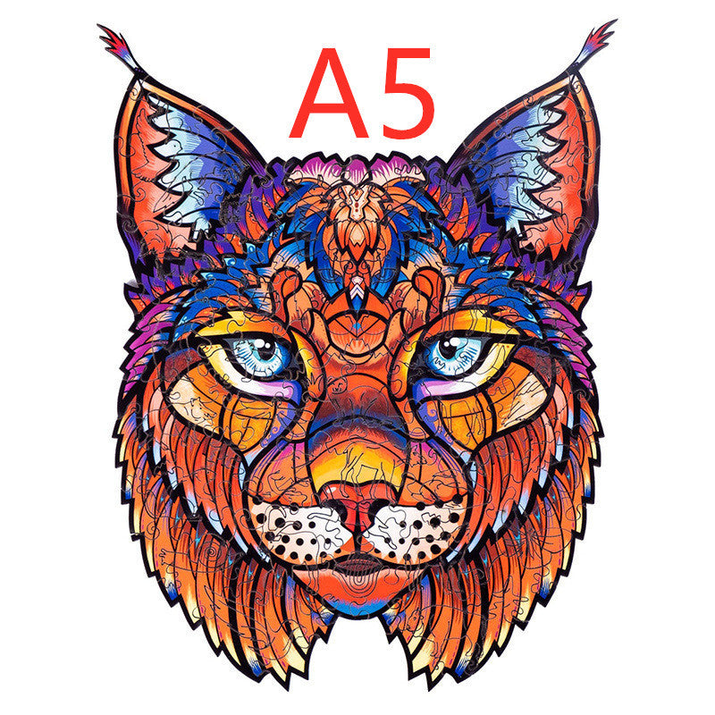 Colorful cat face wooden puzzle in vibrant orange blue and purple tones from Arts And More wooden puzzles kit