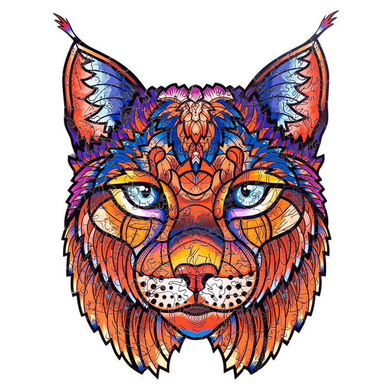 Arts And More colorful wooden puzzles featuring a vibrant lynx cat face design