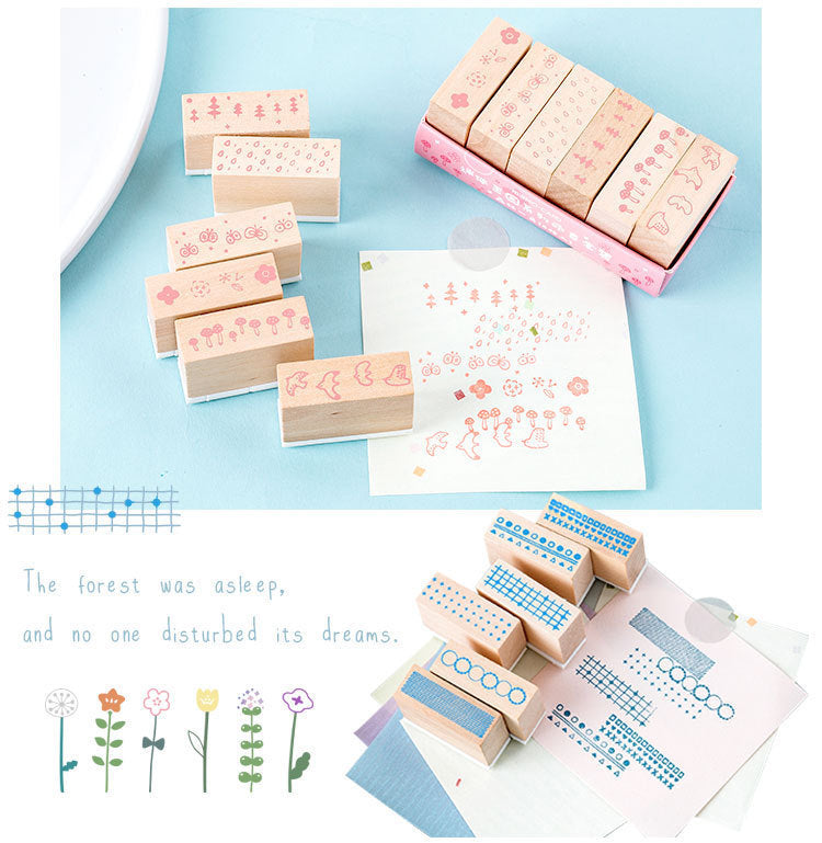 Arts And More Wooden Stamp Suit with various floral and geometric pattern stamps for crafting