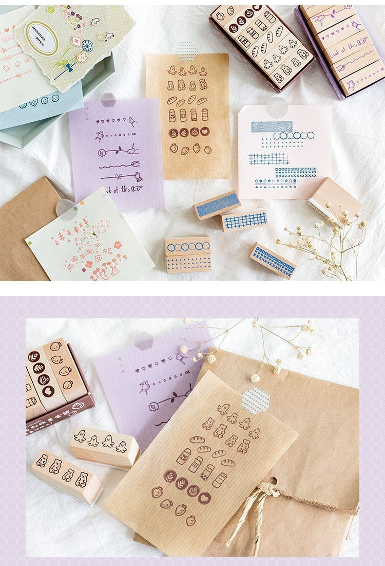 Arts And More Wooden Stamp Suit with multiple wooden stamps and patterned papers for craft projects