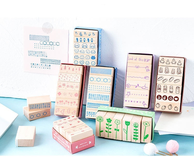 Arts And More Wooden Stamp Suit with various floral and decorative pattern stamps for craft projects