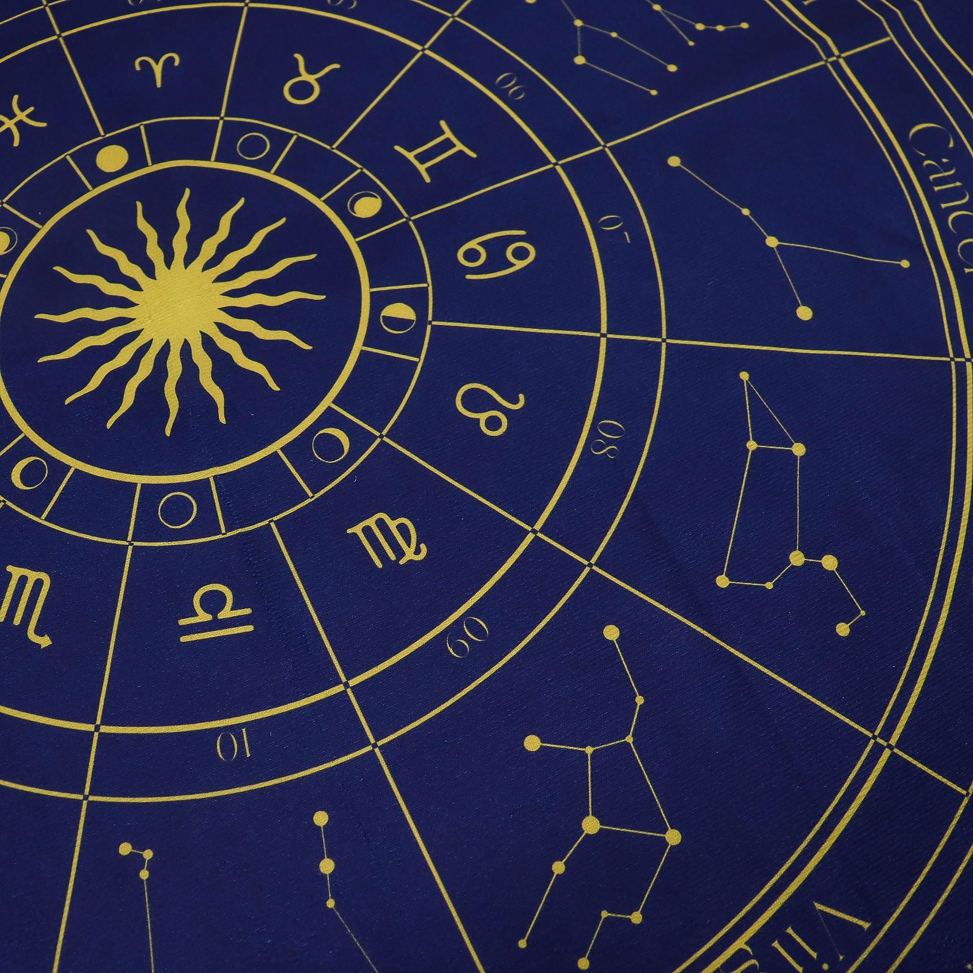 Zodiac Tarot Reading Cloth in blue with gold astrological symbols